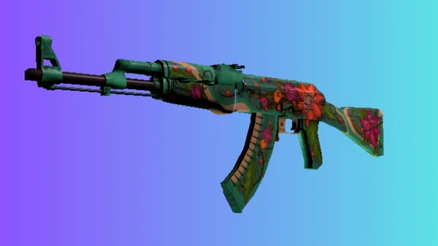 Un AK-47 avec le skin « Fire Serpent », présentant un design vibrant avec des teintes vertes et des motifs floraux rouges, sur un fond dégradé bleu et violet.