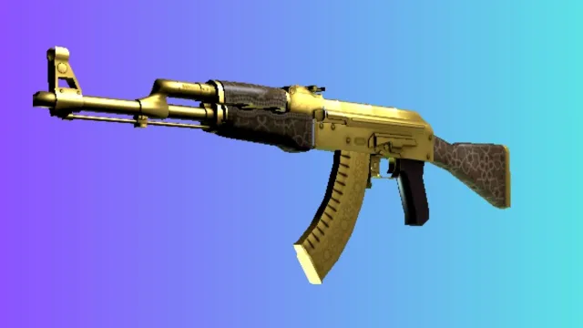 Un AK-47 avec un skin « Gold Arabesque », avec des motifs dorés complexes sur le chargeur, sur un fond dégradé bleu et violet.