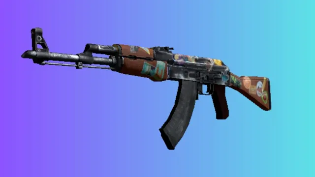 Un AK-47 avec le skin « Jet Set », orné de divers autocollants de voyage et d'une carte du monde, sur un fond dégradé bleu et violet.