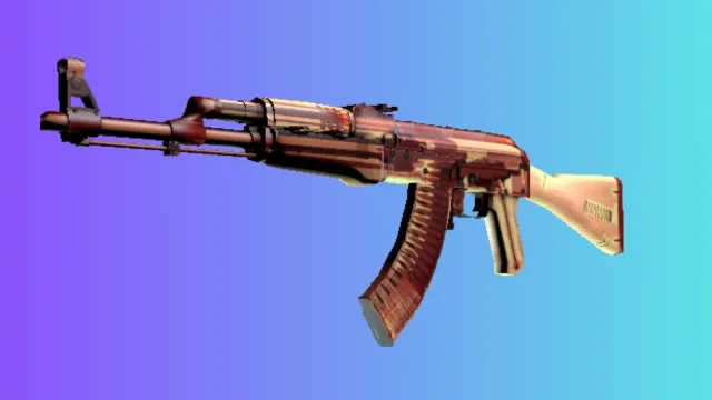 Un AK-47 avec un skin « X-Ray », présentant un design rouge translucide qui révèle les mécanismes internes, sur un fond dégradé bleu et violet.