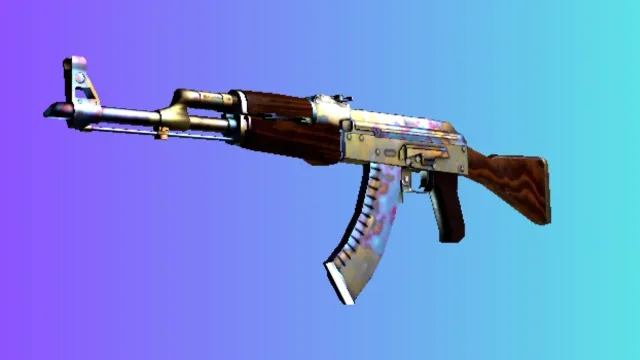 Un AK-47 avec la peau « Case Hardened », montrant un mélange unique de patine bleu-violet sur les pièces métalliques, sur un fond dégradé bleu et violet.