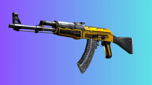 Un AK-47 avec le skin « Fuel Injector », présentant une couleur jaune vif avec des détails noirs et rouges, sur un fond dégradé bleu et violet.