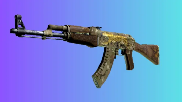 Un AK-47 avec le skin « Pantera Onca », présentant un motif inspiré du pelage du jaguar, sur un fond dégradé bleu et violet.