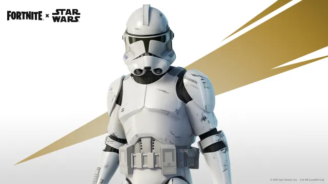 Tenue Clone Trooper de Fortnite posant devant un fond blanc