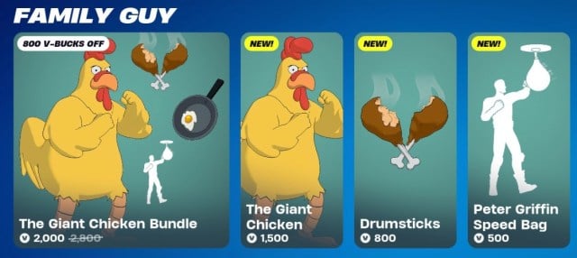 Les packs de skins Family Guy Giant Chicken sur la boutique Fortnite