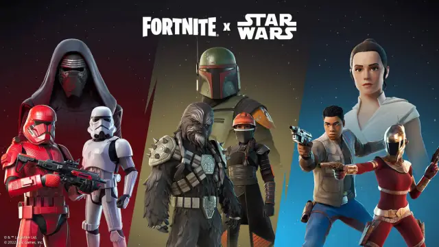 Une collection de personnages de Star Wars et leurs nouvelles tenues correspondantes dans Fortnite.