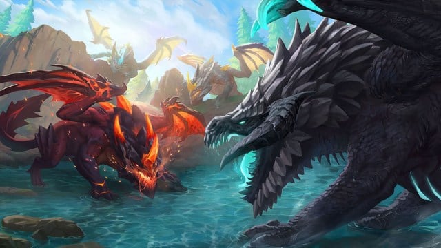 Des dragons de différentes couleurs s'affrontent et se battent sur Summoner's Rift dans League of Legends.