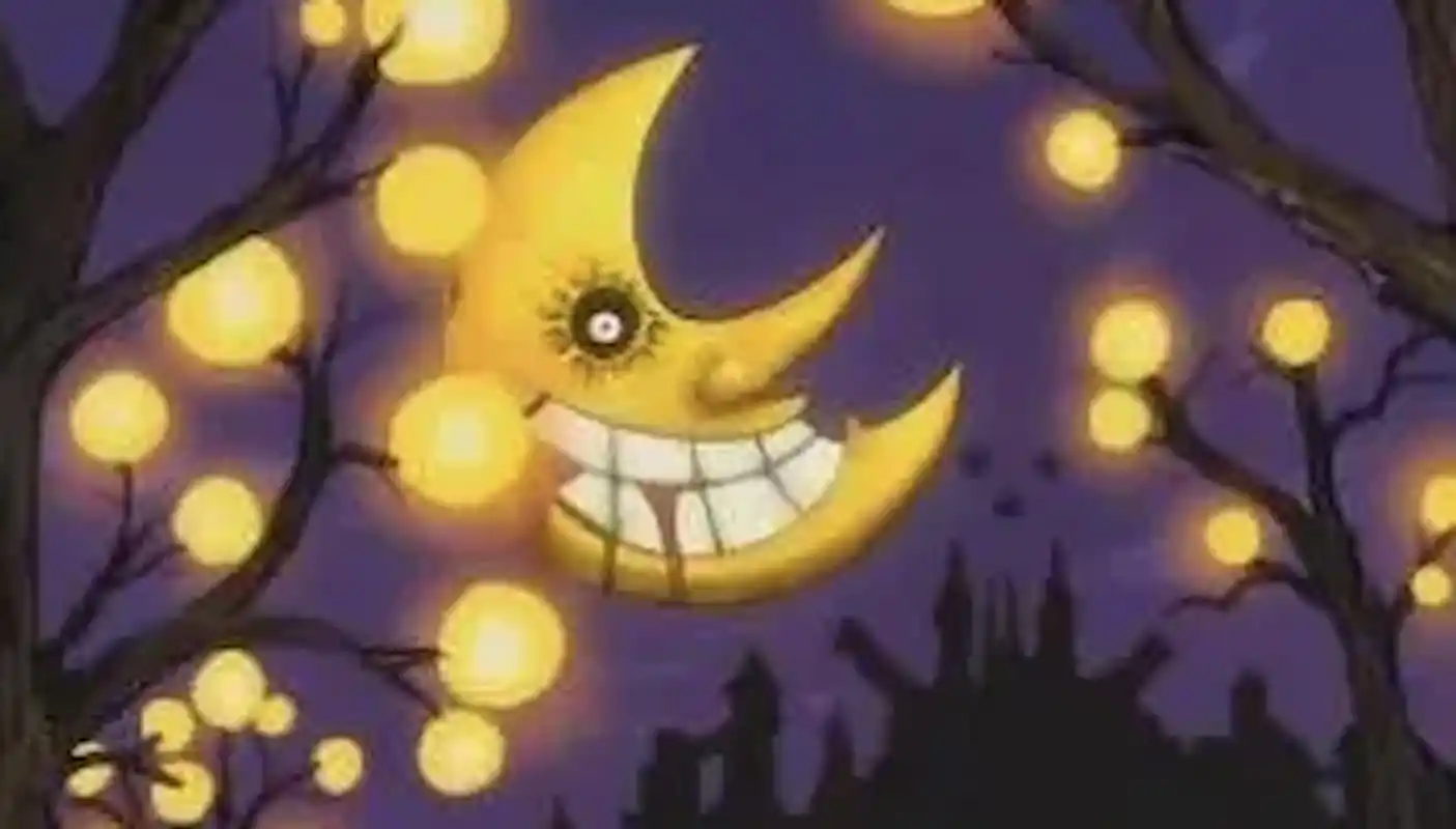 Lune souriante d'anime avec du sang sortant de sa bouche