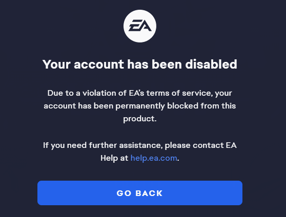 Message EA alertant le joueur de l'interdiction de compte