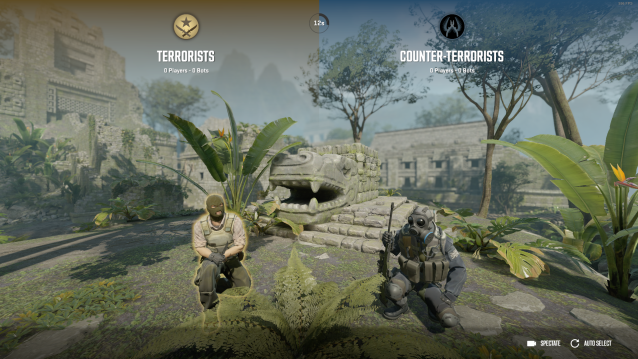 Un terroriste et un contre-terroriste s'agenouillent avec leurs armes à l'extérieur d'Ancient dans Counter-Strike 2.