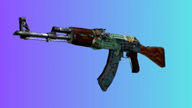 Un AK-47 avec un skin « Wild Lotus » présentant une palette de couleurs verte et bleue avec des motifs floraux, affichés sur un fond dégradé bleu et violet.