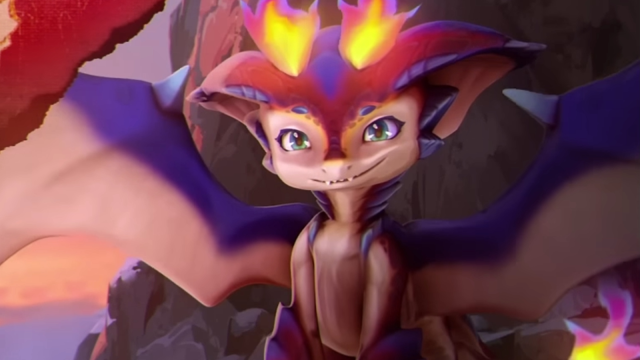 Smolder, le nouveau champion de League of Legends, un petit dragon de dessin animé, sourit d'un air suffisant