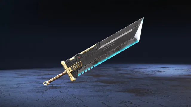 Affiche une épée géante en blocs avec un manche en bois et un bord bleu clair.
