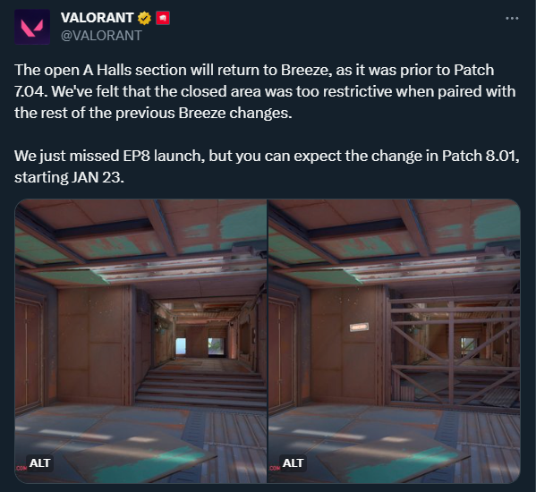 Capture d'écran X de l'annonce de VALORANT concernant les changements apportés à Breeze.