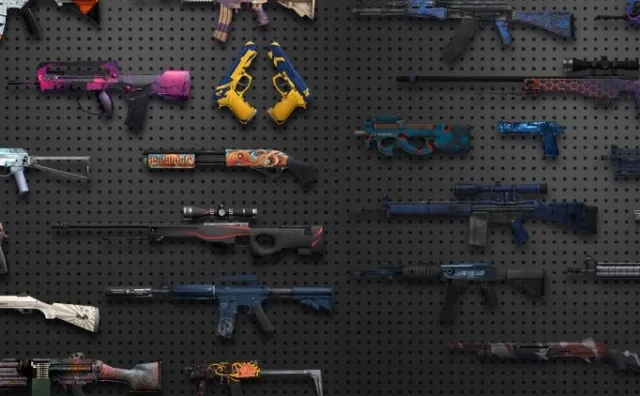 Un assortiment d'armes Counter-Strike sur un mur avec différentes finitions de peinture.
