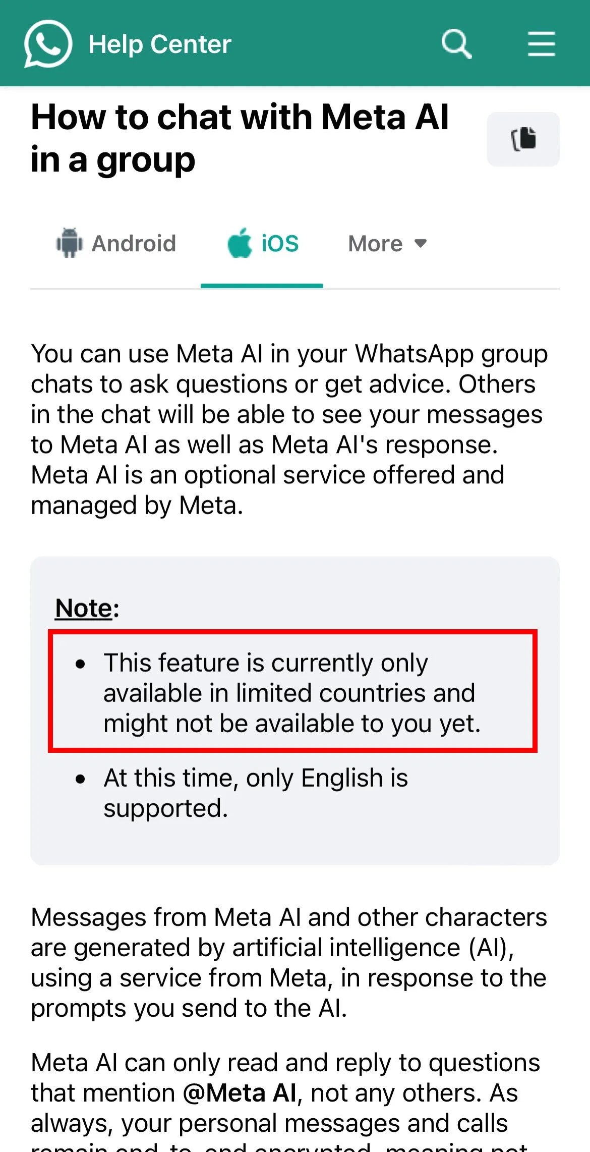 Meta AI n'affiche pas WhatsApp